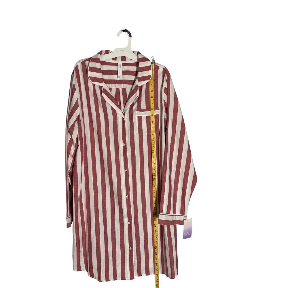 Red & White Striped Button-Down Nightshirt Stars Above Long Sleeves Flannel XL - Picture 6 of 11